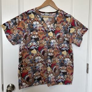 Tafford Thanksgiving Turkey Festive Scrub Top Size M Fall Colors V Neck Cotton